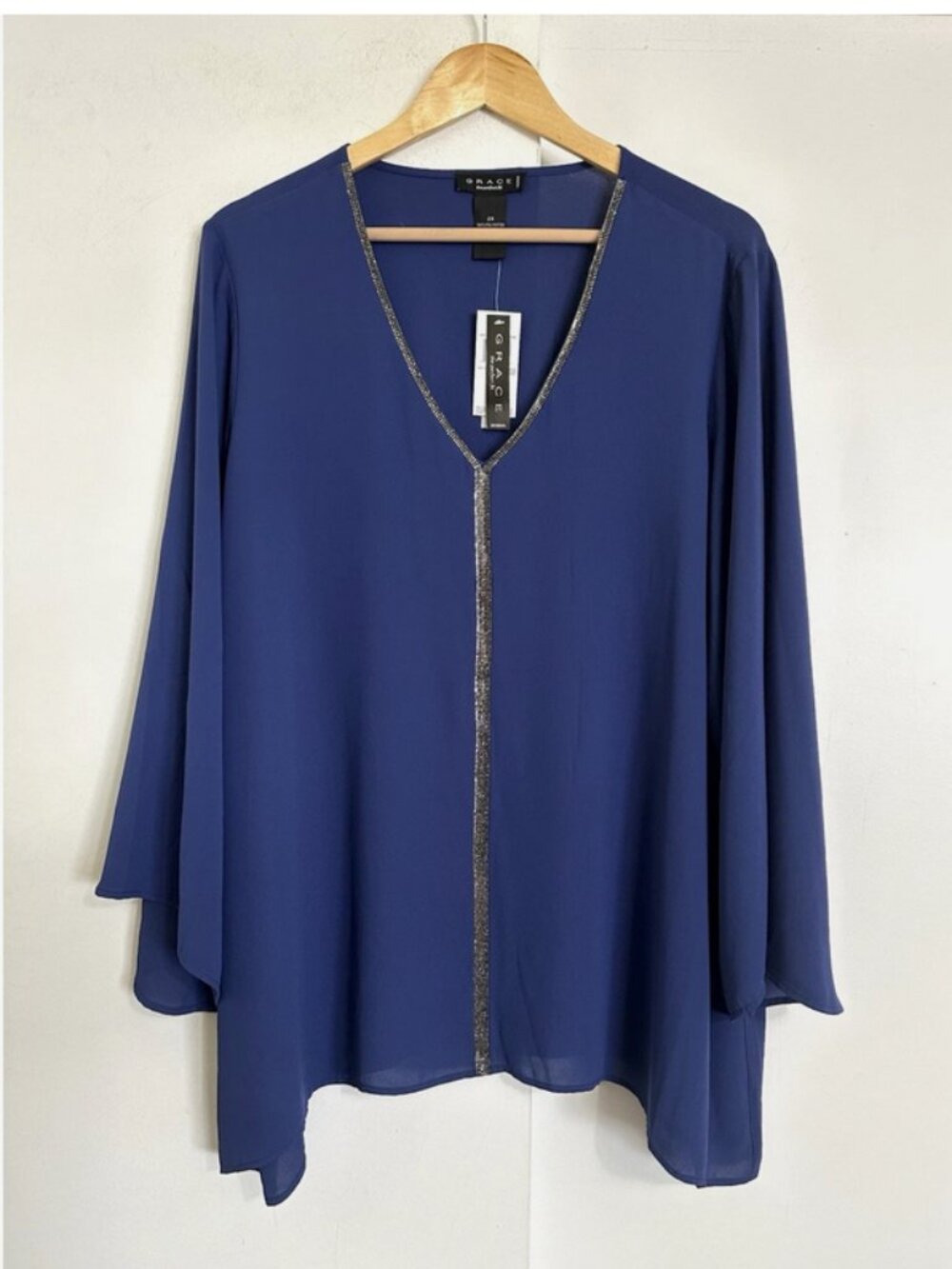 GRACE Blue Crystal Tunic Top NWT Size 2X Plus Blouse Evening Holiday